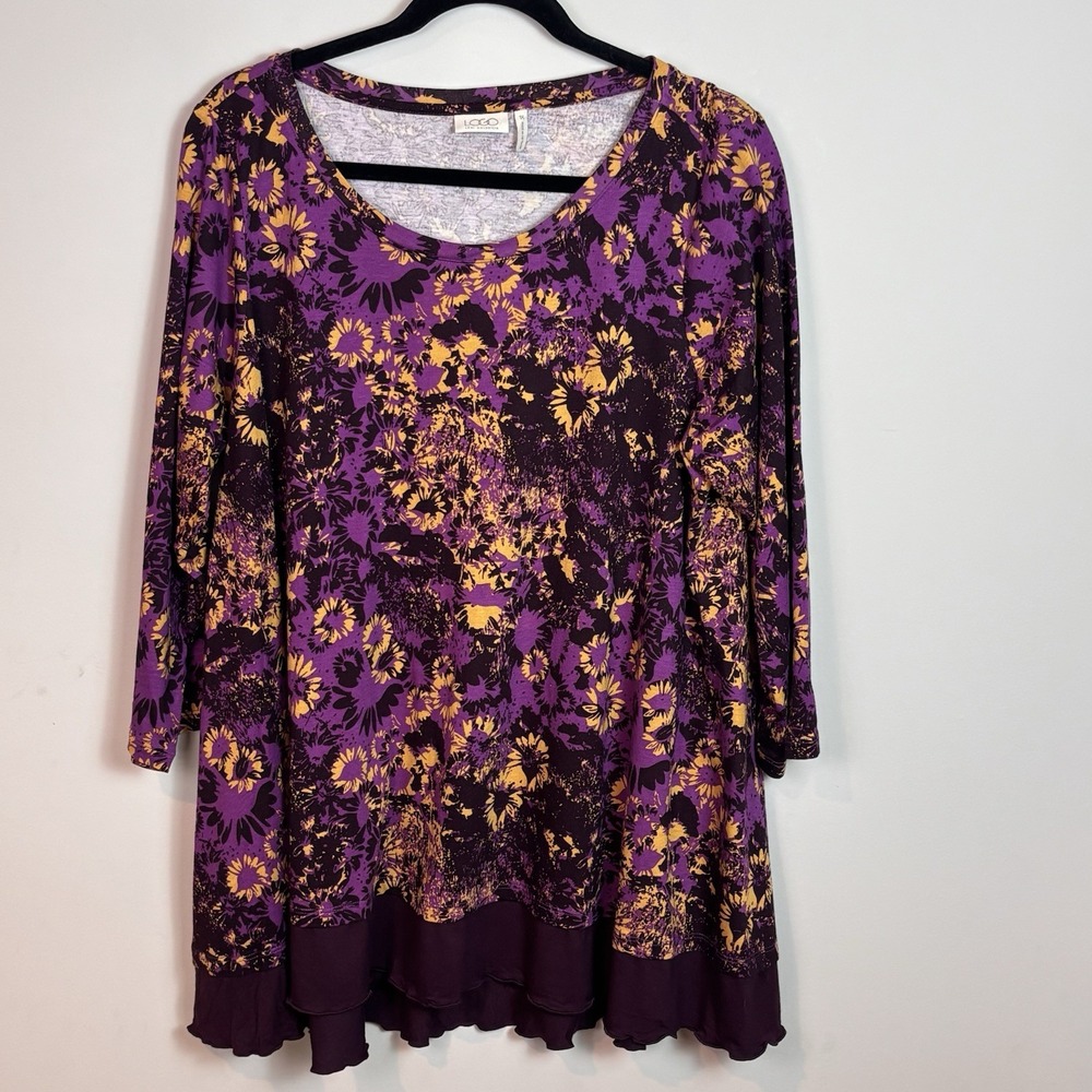 Logo Lori Goldstein Womens Purple Gold Floral Ruffle Hem Tunic Stretch Top sz 1X